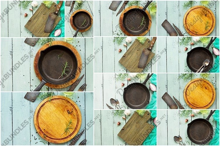 Set of 12 Stock Photos with kitchen backgrounds, mockups.