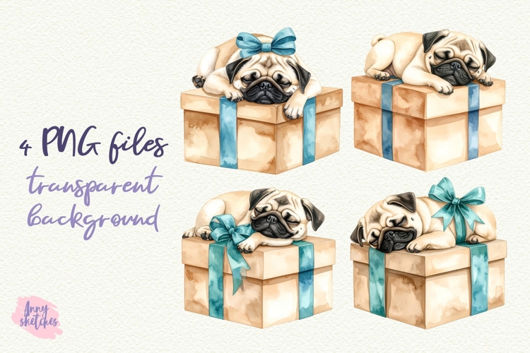 4 Vintage Christmas Pug on a Gift Box Clipart Retro