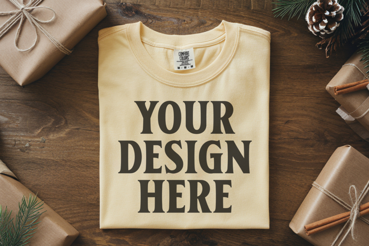 Butter Comfort Colors 1717 Christmas Folded T-Shirt Mockup