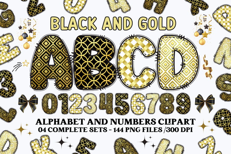 Black and Gold Alphabet png clipart, gold letters doodle example image 1