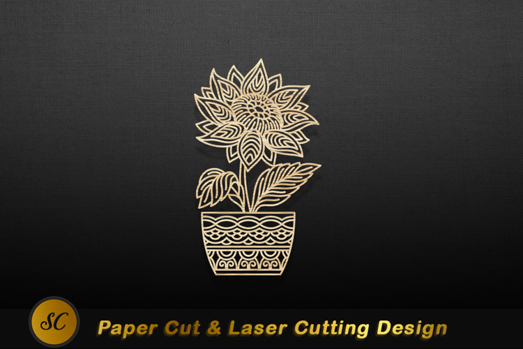 Golden sunflower in decorative pot plant Laser cut
