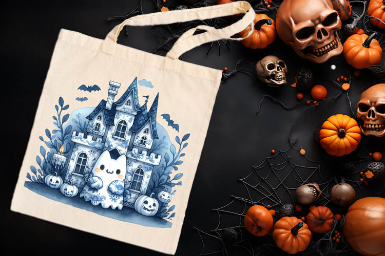 Cute blue Halloween haunted house clipart t shirt design png