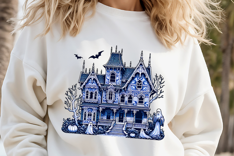 Cute blue Halloween haunted house clipart t shirt design png