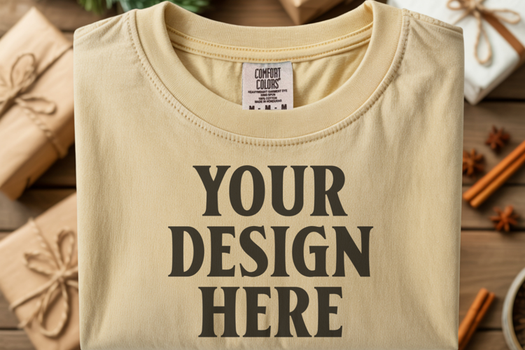 Butter Comfort Colors 1717 Christmas Folded T-Shirt Mockup