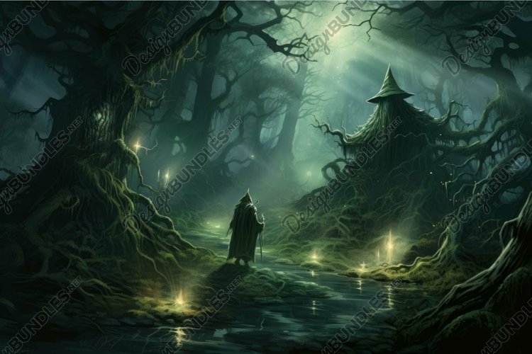 Enchanted forest with mystical figure example image 1