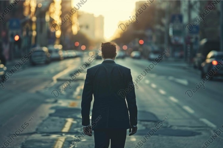 Businessman walking in the middle of empty city street example image 1