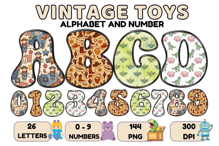 Vintage Toys Alphabet and Numbers PNG 300 DPI