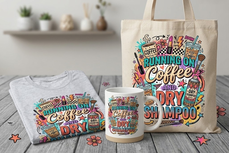 Running on Coffee and Dry Shampoo PNG Sublimation Design