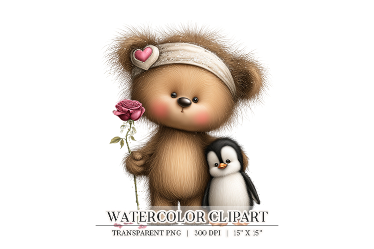 Bear With Rose and Penguin Clipart