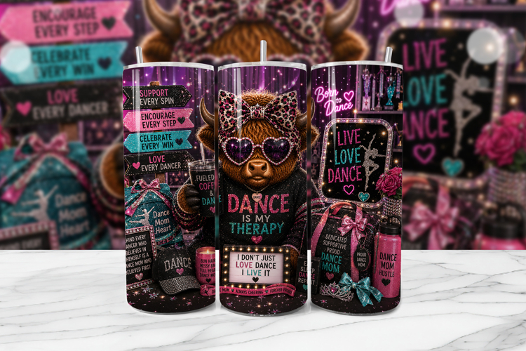 Dance Mom Highland Cow Tumbler Wrap PNG
