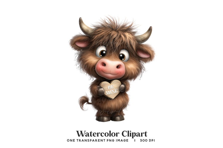 Valentine Highland Cow Watercolor Clipart