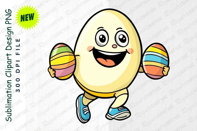 Happy Easter Egg Character Running With Eggs Clipart