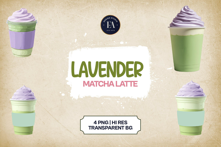 Lavender Matcha Latte Clipart Bundle 4 PNG