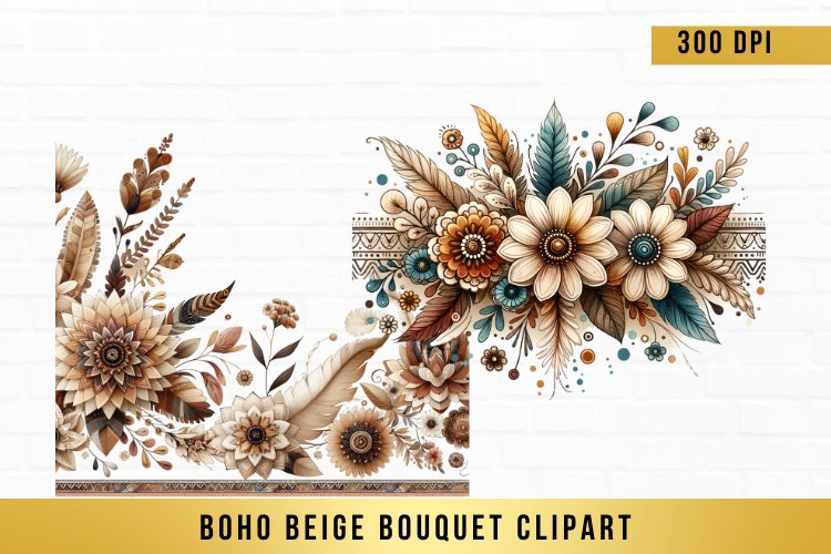 Watercolor Boho Beige Bouquet Clipart, Boho Flowers png