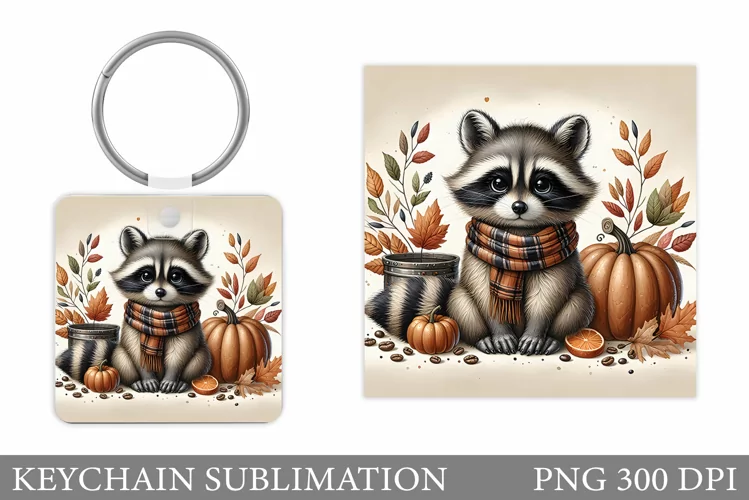 Fall Raccoon Keychain Design. Fall Keychain Sublimation