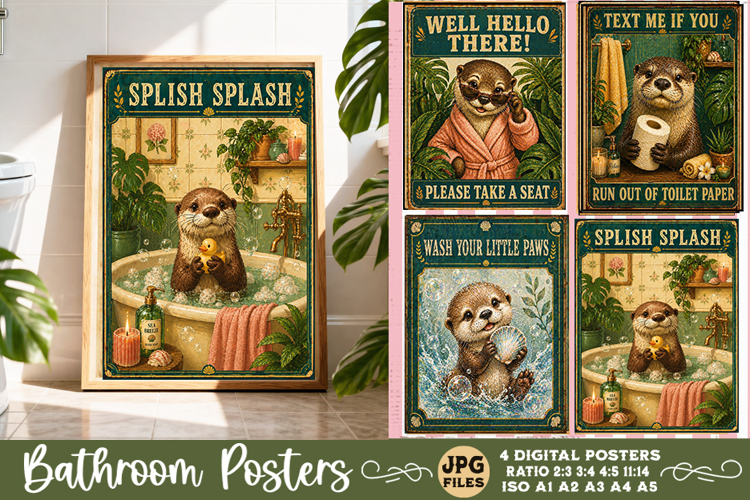 Bathroom funny animals posters, Retro 4 Posters JPG Bathroom