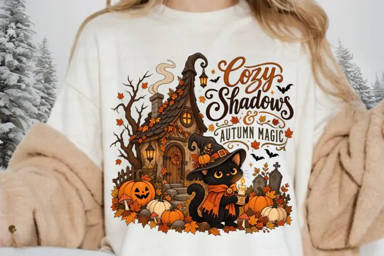 Witchy Black Cat PNG, Cozy Autumn Cottage Sublimation Design