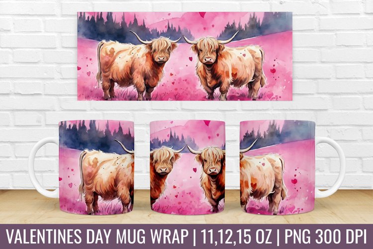 Valentines Day Highland Cow Mug Wrap|Mug Watercolor Design example image 1