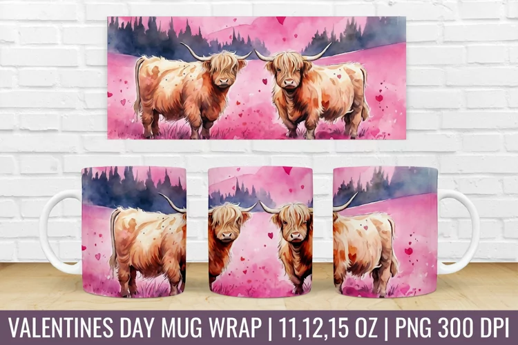 Valentines Day Highland Cow Mug Wrap|Mug Watercolor Design