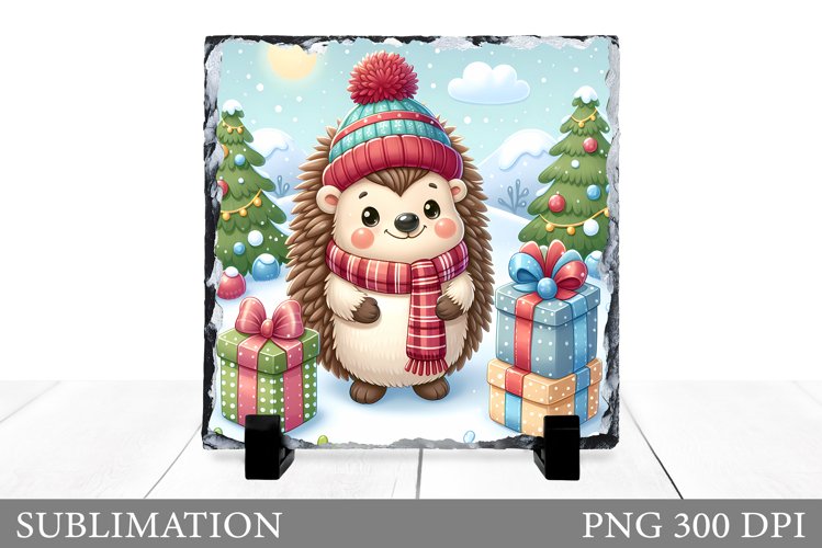 Cute Hedgehog Sublimation. Christmas Hedgehog Slate Design example image 1
