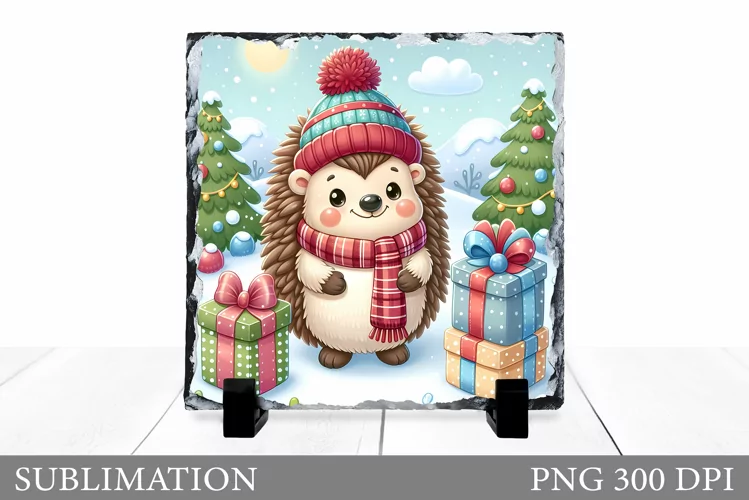 Cute Hedgehog Sublimation. Christmas Hedgehog Slate Design