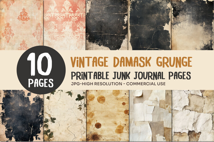 Vintage Damask Grunge Junk Journal Pages example image 1