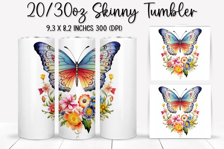 Rainbow Butterfly and Flowers - Tumbler Sublimation Design