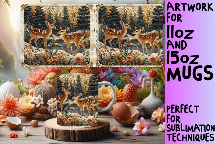 Deer Watercolor Mug Wrap for Sublimation Art