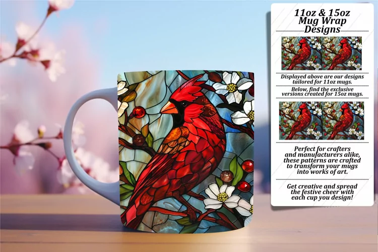 Mug Wrap Design with Beautiful Stained Glass Birds 11oz