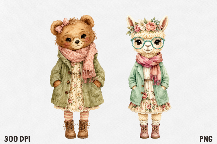 Cute Cottagecore Animal Watercolor Clipart PNG
