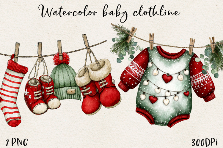 Watercolor Christmas Baby Clothesline Clipart PNG