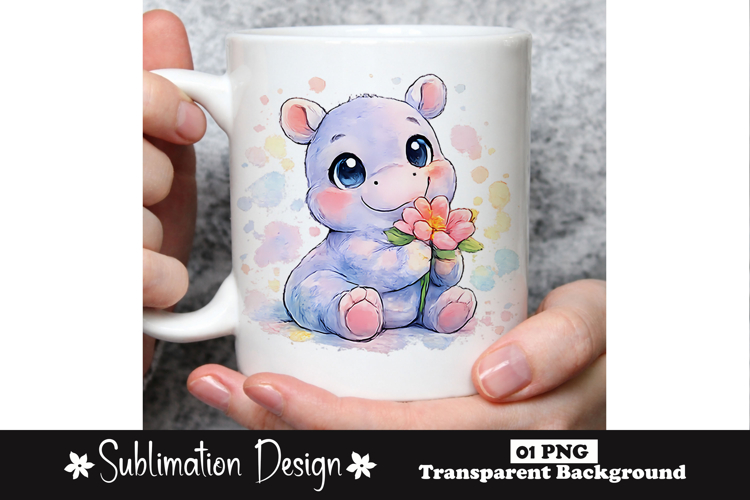 Cute Baby Hippo Holding Flower Watercolor Animal Sublimation