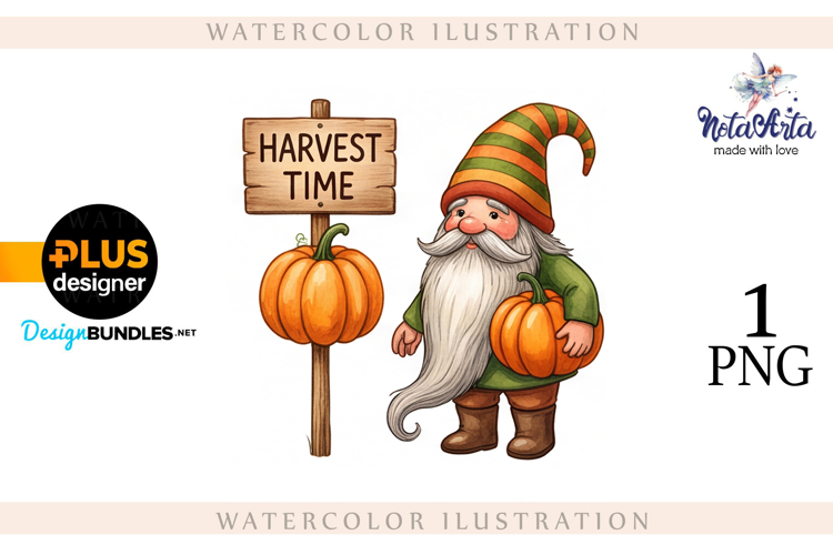 Gnomes with Pumpkin Harvest in Watercolor Style