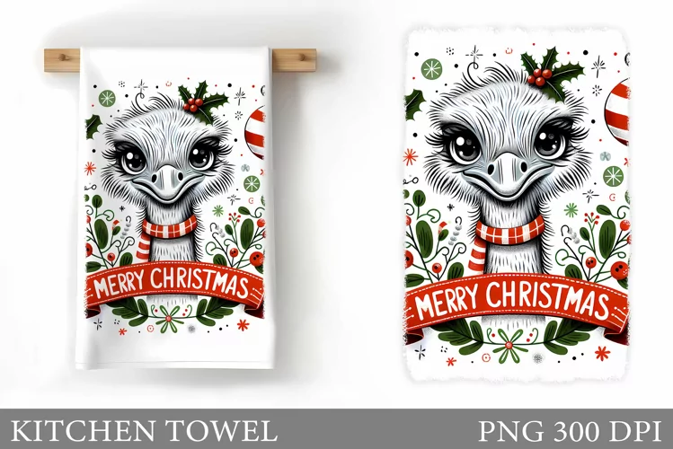 Christmas Ostrich Kitchen Towel. Christmas Kitchen Towel