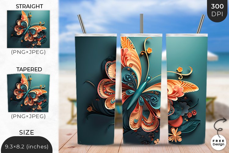 3D Butterfly Tumbler Wrap| 3D Sublimation Wrap Design example image 1