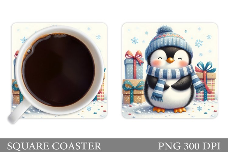 Cute Penguin Coaster Design. Christmas Coaster Sublimation example image 1