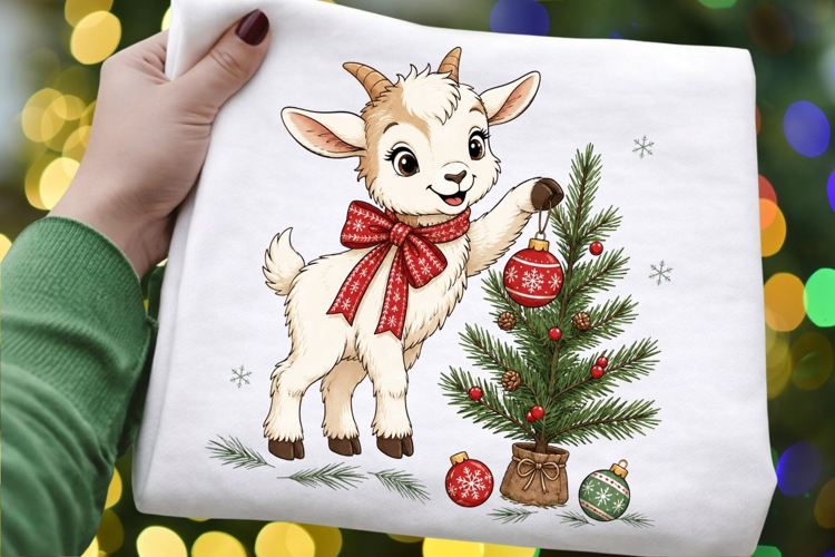Christmas Baby Goat Decorating Tree PNG Sublimation Design