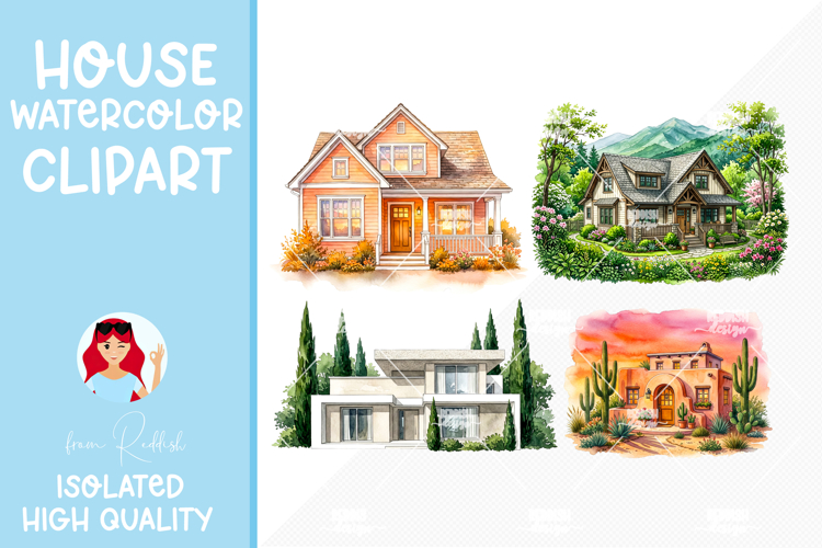 4 Cozy Watercolor House Clipart