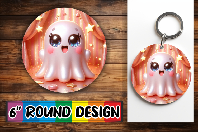 Joyful Circle Keychain Sublimation PNG, 3D Cute Ghost