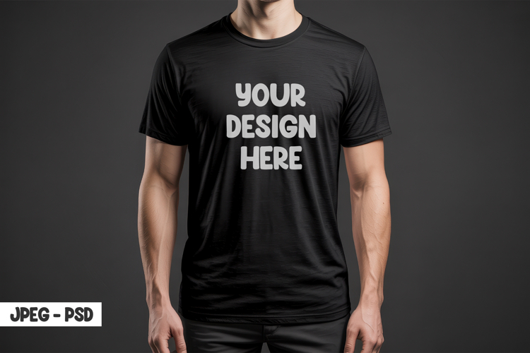 Title: Black T-Shirt PSD Mockup with Model