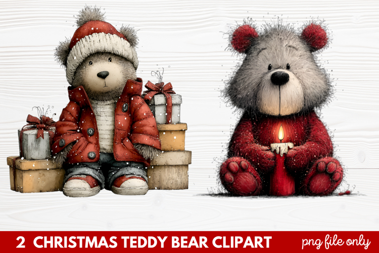 2 Christmas Teddy Bear Clipart | Cute Holiday Bear PNG Illus
