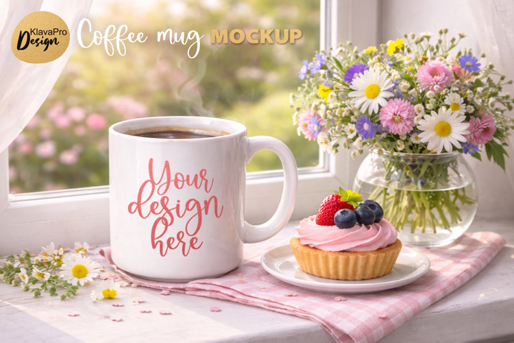Coffee Mug with Cupcake | Cozy Window Mug Mockup PNG | JPG