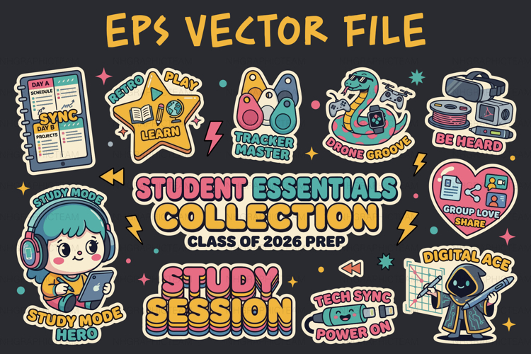 Student Life Kawaii Back to School Sticker Bundle EPS Design