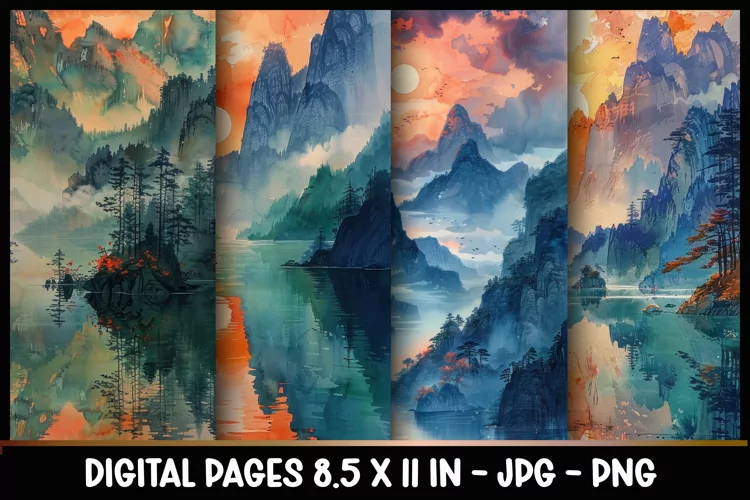 4 Landscapes Digital Papers I Junk Journal 8.5x11
