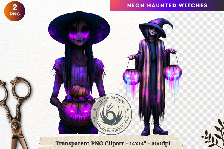 Neon Haunted Witches Clipart, Spooky Kawaii Halloween PNG