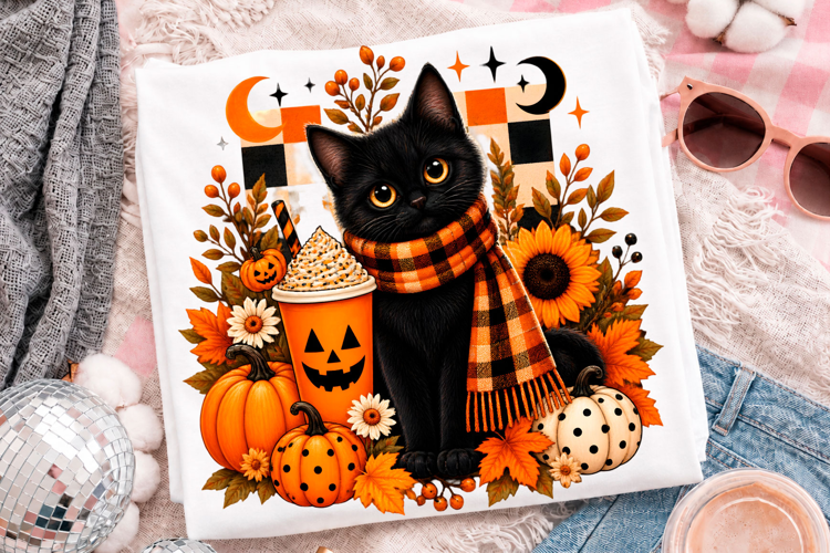 Cute Black Cat Halloween Pumpkin Fall Season T-Shirt Design