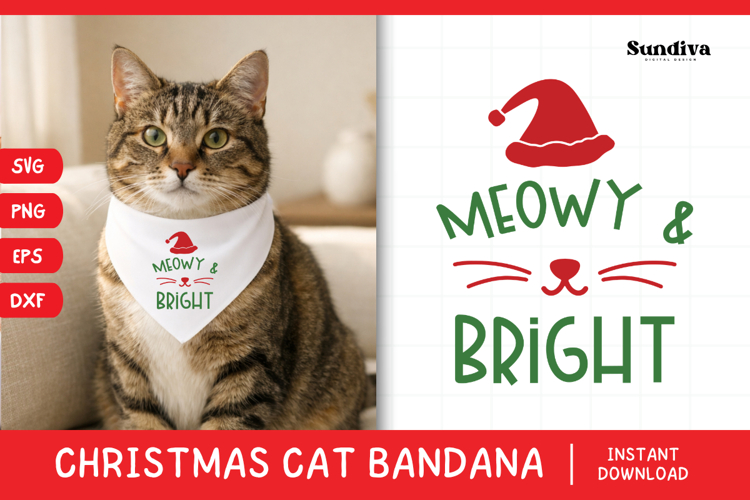 Christmas Cat Bandana Quotes SVG | Meowy & Bright