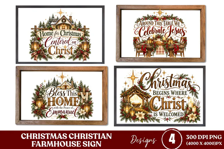 4 Christian Christmas Farmhouse Sign PNGs, 4 Rustic Christma