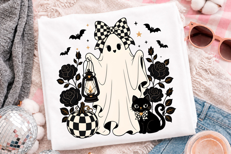 Cute Halloween Ghost With Black Cat Pumpkin And Gothic