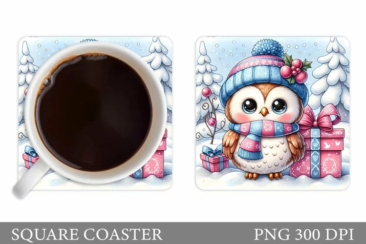 Christmas Owl Coaster Sublimation. Christmas Coaster Design